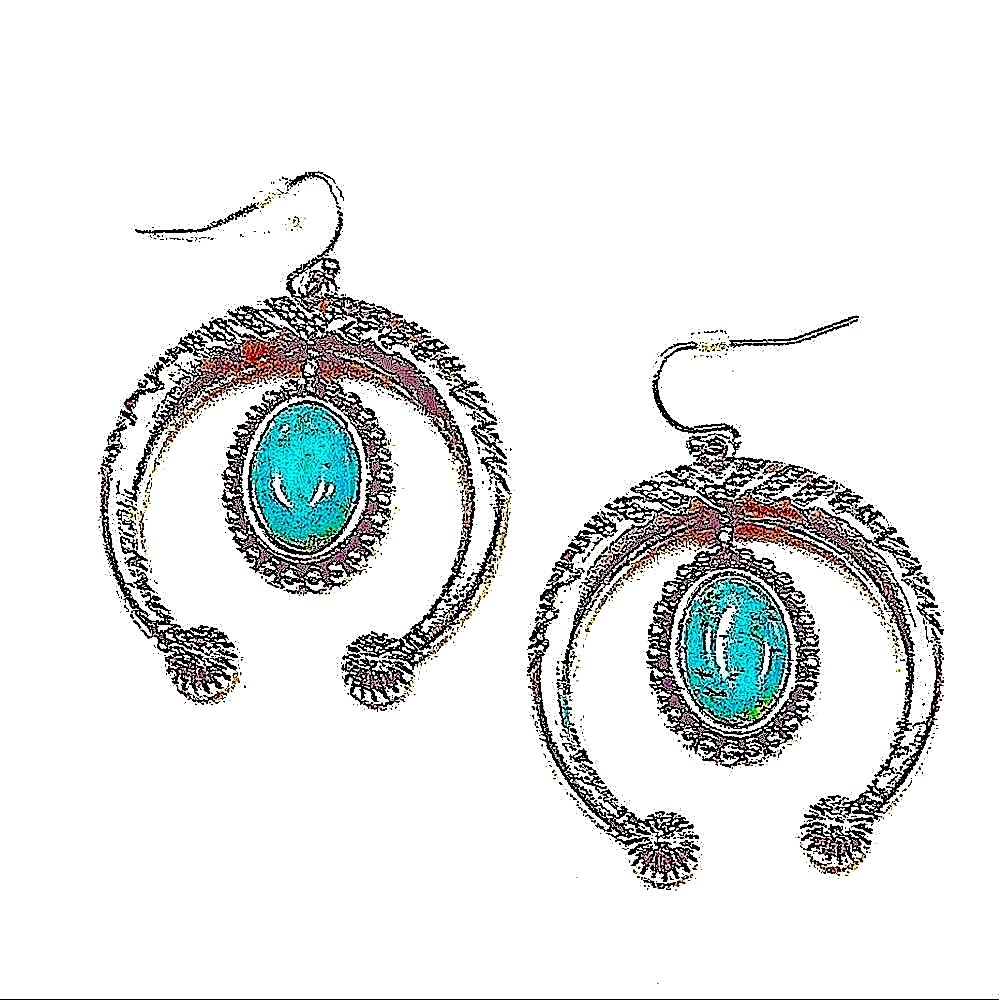 SILVER SQUASH BLOSSOM EARRINGS TURQUOISE  OVAL STONE 2 1/2”x2” ON FRENCH…